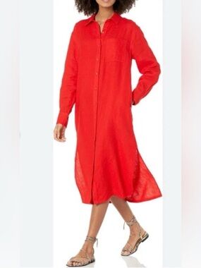 The Drop Fiona Relaxed Linen Midi Shirt Dress Flame Red Size Small NWT